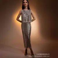 Elegant Sequin Vest And Beaded Long Dress Sexy Versatile Ladies Party Dress Fashion Casual Outfit Solid Color Polyester main image 2