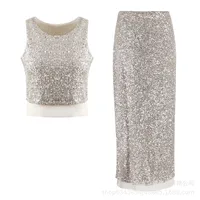 Elegant Sequin Vest And Beaded Long Dress Sexy Versatile Ladies Party Dress Fashion Casual Outfit Solid Color Polyester sku image 9
