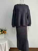 Elegant Knitted Dress Set Women's Autumn Winter New European Fashion Open Cardigan Sweater With Slit Mini Skirt Fashion Casual Set sku image 1