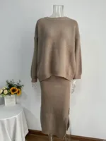 Elegant Knitted Dress Set Women's Autumn Winter New European Fashion Open Cardigan Sweater With Slit Mini Skirt Fashion Casual Set sku image 2