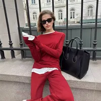 Comfortable Modal Ladies Casual Set Autumn Winter New Style Long Sleeve Wide Leg Pants Red Christmas Two Piece Set Fashionable Leisure Outfit main image 2