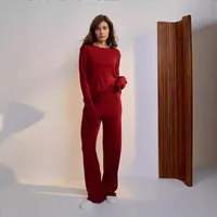 Comfortable Modal Ladies Casual Set Autumn Winter New Style Long Sleeve Wide Leg Pants Red Christmas Two Piece Set Fashionable Leisure Outfit main image 3