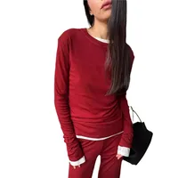 Comfortable Modal Ladies Casual Set Autumn Winter New Style Long Sleeve Wide Leg Pants Red Christmas Two Piece Set Fashionable Leisure Outfit main image 5