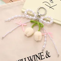 Sweet Knitted Tulip Women's Bag Car Key Ring Pendant Phone Case Lanyard Fresh Flower Design Beaded Bow sku image 1