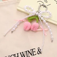 Sweet Knitted Tulip Women's Bag Car Key Ring Pendant Phone Case Lanyard Fresh Flower Design Beaded Bow sku image 3