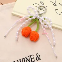 Sweet Knitted Tulip Women's Bag Car Key Ring Pendant Phone Case Lanyard Fresh Flower Design Beaded Bow sku image 6