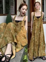 Summer New Style Women's Casual Wide Leg Pants One Piece Suit V Neck Printed High Waist Long Pants Bamboo Fiber Polyester sku image 7