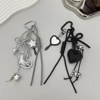 Creative Black Rope Silver Heart-Shaped Black Bead Bow Leather Pendant Suitable For Mobile Phone Bag Keychain Accessories main image 1