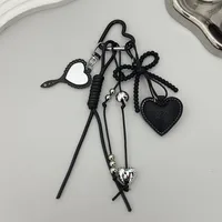 Creative Black Rope Silver Heart-Shaped Black Bead Bow Leather Pendant Suitable For Mobile Phone Bag Keychain Accessories main image 4