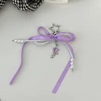 Elegant Silk Ribbon Pearl Bow Pendant Ins Style Heart-Shaped Keychain AirPods Accessory Bag Decoration main image 3