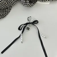 Elegant Silk Ribbon Pearl Bow Pendant Ins Style Heart-Shaped Keychain AirPods Accessory Bag Decoration sku image 2