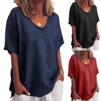 Summer Cotton Linen Solid Color Short Sleeve Women's Slim Fit Casual Top Plus Size Women's Shirt Round Neck T-Shirt Street Style main image 1