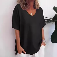 Summer Cotton Linen Solid Color Short Sleeve Women's Slim Fit Casual Top Plus Size Women's Shirt Round Neck T-Shirt Street Style main image 2