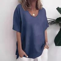 Summer Cotton Linen Solid Color Short Sleeve Women's Slim Fit Casual Top Plus Size Women's Shirt Round Neck T-Shirt Street Style main image 3