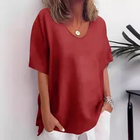 Summer Cotton Linen Solid Color Short Sleeve Women's Slim Fit Casual Top Plus Size Women's Shirt Round Neck T-Shirt Street Style main image 4