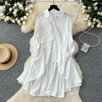 Fashion New Style Polo Collar Loose-Fitting Women's Shirt Autumn 3D Flower Design Asymmetric Hem Draping Effect Design Top main image 1