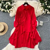 Fashion New Style Polo Collar Loose-Fitting Women's Shirt Autumn 3D Flower Design Asymmetric Hem Draping Effect Design Top sku image 8