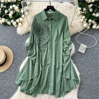 Fashion New Style Polo Collar Loose-Fitting Women's Shirt Autumn 3D Flower Design Asymmetric Hem Draping Effect Design Top sku image 9