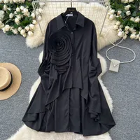 Fashion New Style Polo Collar Loose-Fitting Women's Shirt Autumn 3D Flower Design Asymmetric Hem Draping Effect Design Top sku image 7