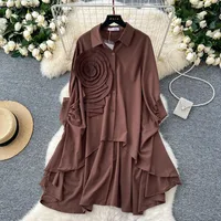 Fashion New Style Polo Collar Loose-Fitting Women's Shirt Autumn 3D Flower Design Asymmetric Hem Draping Effect Design Top sku image 5
