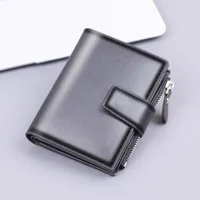 Men's Vertical Design Short Zipper Wallet Button PU Leather Multifunctional Card Holder Simple Style Ultra Light Solid Color Lining sku image 1