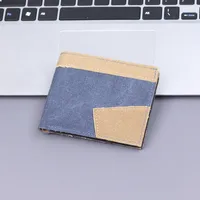 Men's Canvas Wallet Short Leather Clutch Soft Fabric Integrated Design Denim Color Matching Geometric Pattern Retro  Style sku image 2