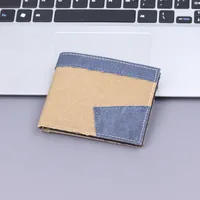 Men's Canvas Wallet Short Leather Clutch Soft Fabric Integrated Design Denim Color Matching Geometric Pattern Retro  Style sku image 3