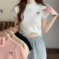 Women's Short-Sleeved Round Neck Knitted Top Summer Thin Embroidery Slim Fit Versatile Body Shaping Top Ice Silk Polyester Fabric main image 1