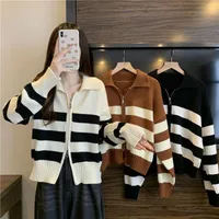 Women's Knitted Zipper Striped Sweater Coat Lazy Style Casual Loose Long Sleeve Spring, Autumn And Winter Coat Top main image 1