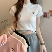 Women's Short-Sleeved Round Neck Knitted Top Summer Thin Embroidery Slim Fit Versatile Body Shaping Top Ice Silk Polyester Fabric main image 2