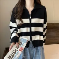 Women's Knitted Zipper Striped Sweater Coat Lazy Style Casual Loose Long Sleeve Spring, Autumn And Winter Coat Top main image 3