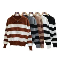 Women's Knitted Zipper Striped Sweater Coat Lazy Style Casual Loose Long Sleeve Spring, Autumn And Winter Coat Top main image 4