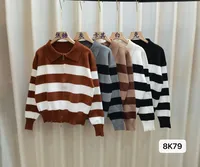 Women's Knitted Zipper Striped Sweater Coat Lazy Style Casual Loose Long Sleeve Spring, Autumn And Winter Coat Top sku image 4