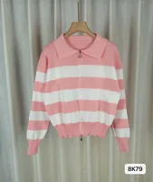 Women's Knitted Zipper Striped Sweater Coat Lazy Style Casual Loose Long Sleeve Spring, Autumn And Winter Coat Top sku image 7