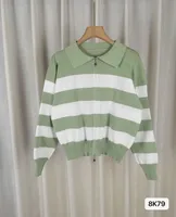 Women's Knitted Zipper Striped Sweater Coat Lazy Style Casual Loose Long Sleeve Spring, Autumn And Winter Coat Top sku image 8
