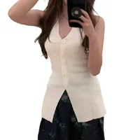 Elegant V-neck Single Button Sleeveless Ice Silk Knitted Vest Women's Summer New Style Waist Slimming Design Top main image 5