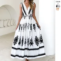 Summer New  Printed V-neck Waist-Slimming Long Dress Women's Dress Floral Pattern 3D Design Polyester Fabric Short Sleeve A- Line Skirt Loose Waist main image 1