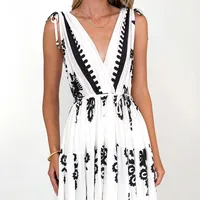 Summer New  Printed V-neck Waist-Slimming Long Dress Women's Dress Floral Pattern 3D Design Polyester Fabric Short Sleeve A- Line Skirt Loose Waist main image 3