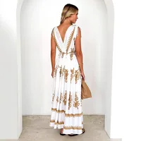 Summer New  Printed V-neck Waist-Slimming Long Dress Women's Dress Floral Pattern 3D Design Polyester Fabric Short Sleeve A- Line Skirt Loose Waist main image 4