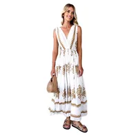 Summer New  Printed V-neck Waist-Slimming Long Dress Women's Dress Floral Pattern 3D Design Polyester Fabric Short Sleeve A- Line Skirt Loose Waist main image 5