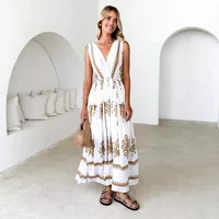 Summer New  Printed V-neck Waist-Slimming Long Dress Women's Dress Floral Pattern 3D Design Polyester Fabric Short Sleeve A- Line Skirt Loose Waist sku image 3