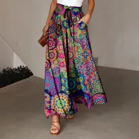 Casual Style Loose Bohemian Wide Leg Pants Women's Digital Printing Feather Pattern Skirt Elastic Waist Pleated Mini Dress main image 2
