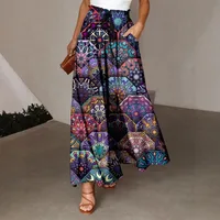 Casual Style Loose Bohemian Wide Leg Pants Women's Digital Printing Feather Pattern Skirt Elastic Waist Pleated Mini Dress main image 3