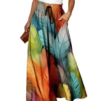 Casual Style Loose Bohemian Wide Leg Pants Women's Digital Printing Feather Pattern Skirt Elastic Waist Pleated Mini Dress main image 5
