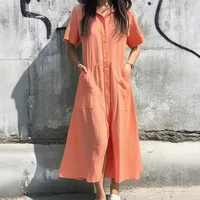 Spring And Summer Leisure Cotton Linen Blend Dress Button Detail Women's Short-Sleeved Dress Dress Ankle Length A- Line Skirt Style main image 3