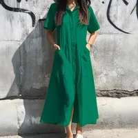 Spring And Summer Leisure Cotton Linen Blend Dress Button Detail Women's Short-Sleeved Dress Dress Ankle Length A- Line Skirt Style main image 4