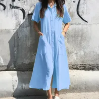 Spring And Summer Leisure Cotton Linen Blend Dress Button Detail Women's Short-Sleeved Dress Dress Ankle Length A- Line Skirt Style main image 5