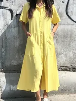 Spring And Summer Leisure Cotton Linen Blend Dress Button Detail Women's Short-Sleeved Dress Dress Ankle Length A- Line Skirt Style sku image 20