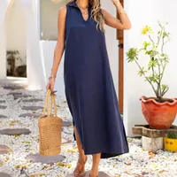 Casual V-neck Sleeveless Women's Dress Spring And Summer New Loose Waist And Ankle Solid Color  Style sku image 9