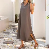 Casual V-neck Sleeveless Women's Dress Spring And Summer New Loose Waist And Ankle Solid Color  Style sku image 12